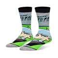 Crew socks with the Danny Phantom logo over grey and blue stripes on top, plus his large cartoon face on neon green below.
