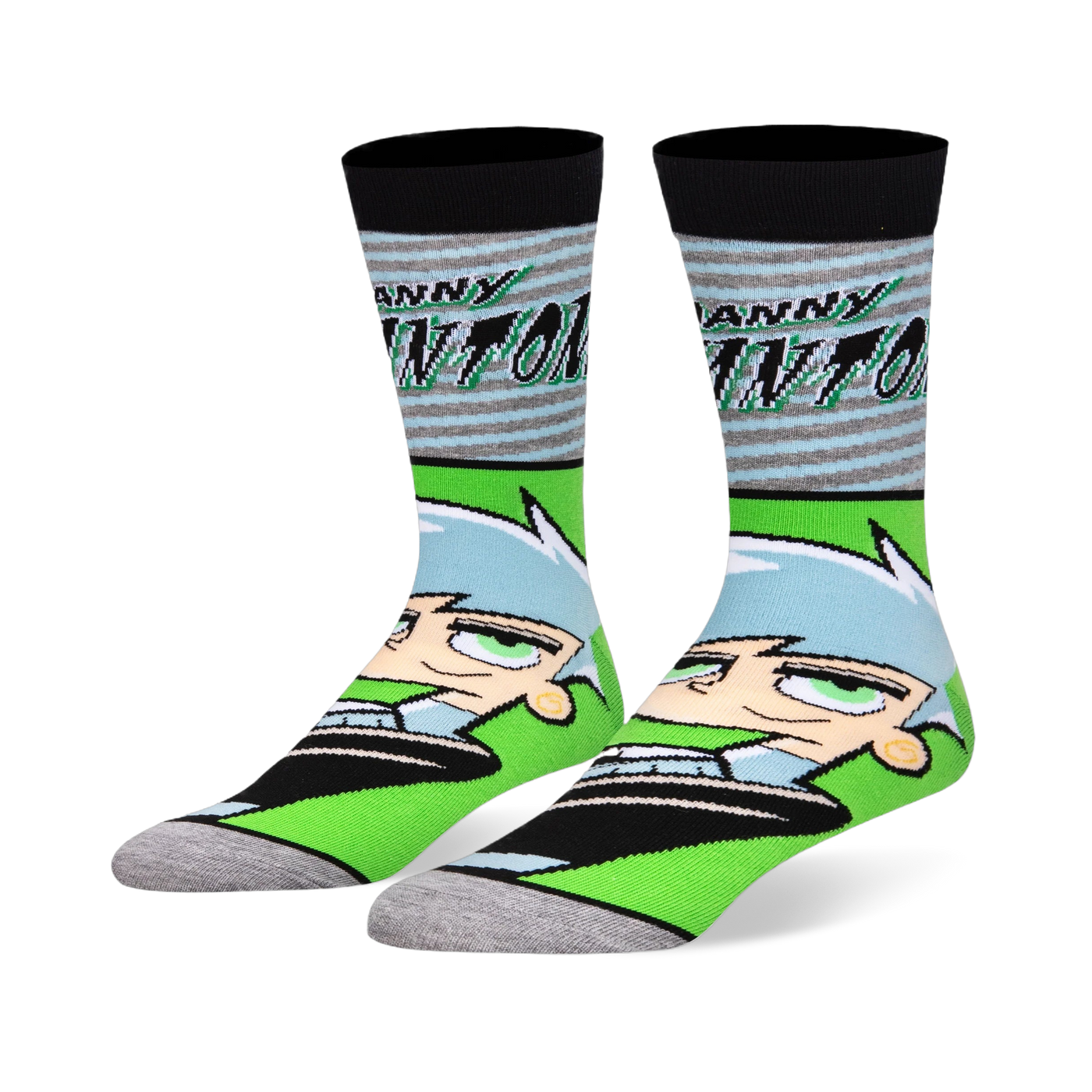 Crew socks with the Danny Phantom logo over grey and blue stripes on top, plus his large cartoon face on neon green below.