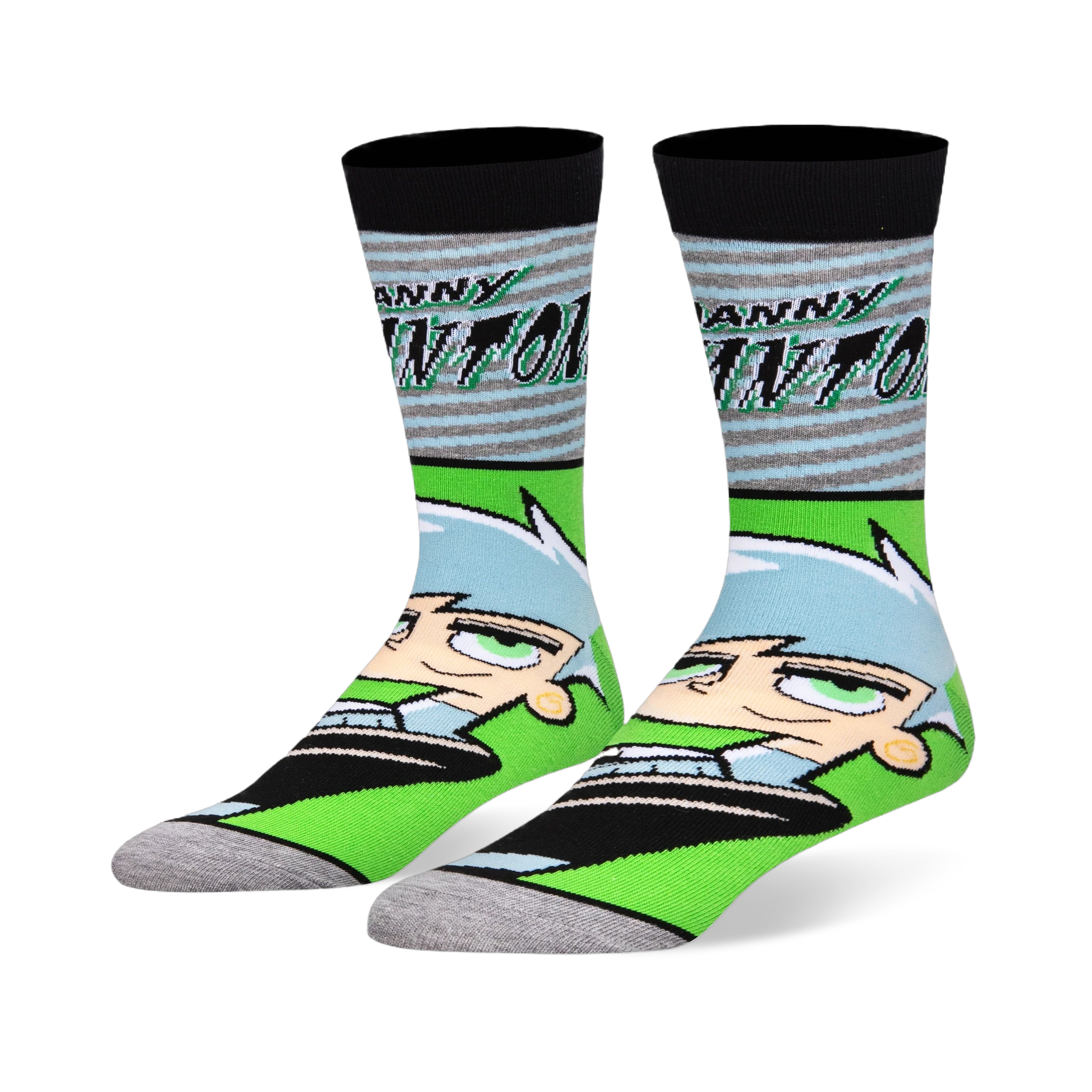 Crew socks with the Danny Phantom logo over grey and blue stripes on top, plus his large cartoon face on neon green below.