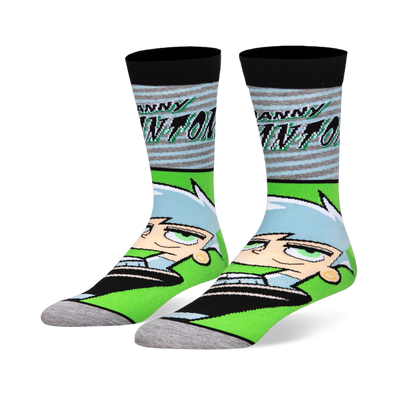 Crew socks with the Danny Phantom logo over grey and blue stripes on top, plus his large cartoon face on neon green below.