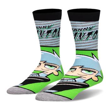 Crew socks with the Danny Phantom logo over grey and blue stripes on top, plus his large cartoon face on neon green below.