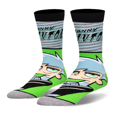 Crew socks with the Danny Phantom logo over grey and blue stripes on top, plus his large cartoon face on neon green below.