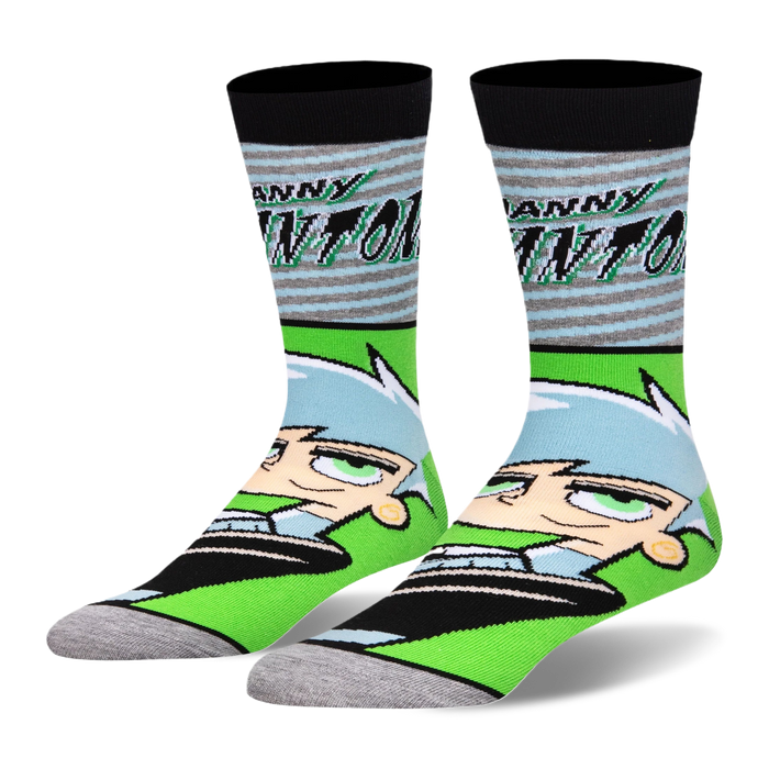 Crew socks with the Danny Phantom logo over grey and blue stripes on top, plus his large cartoon face on neon green below. }}