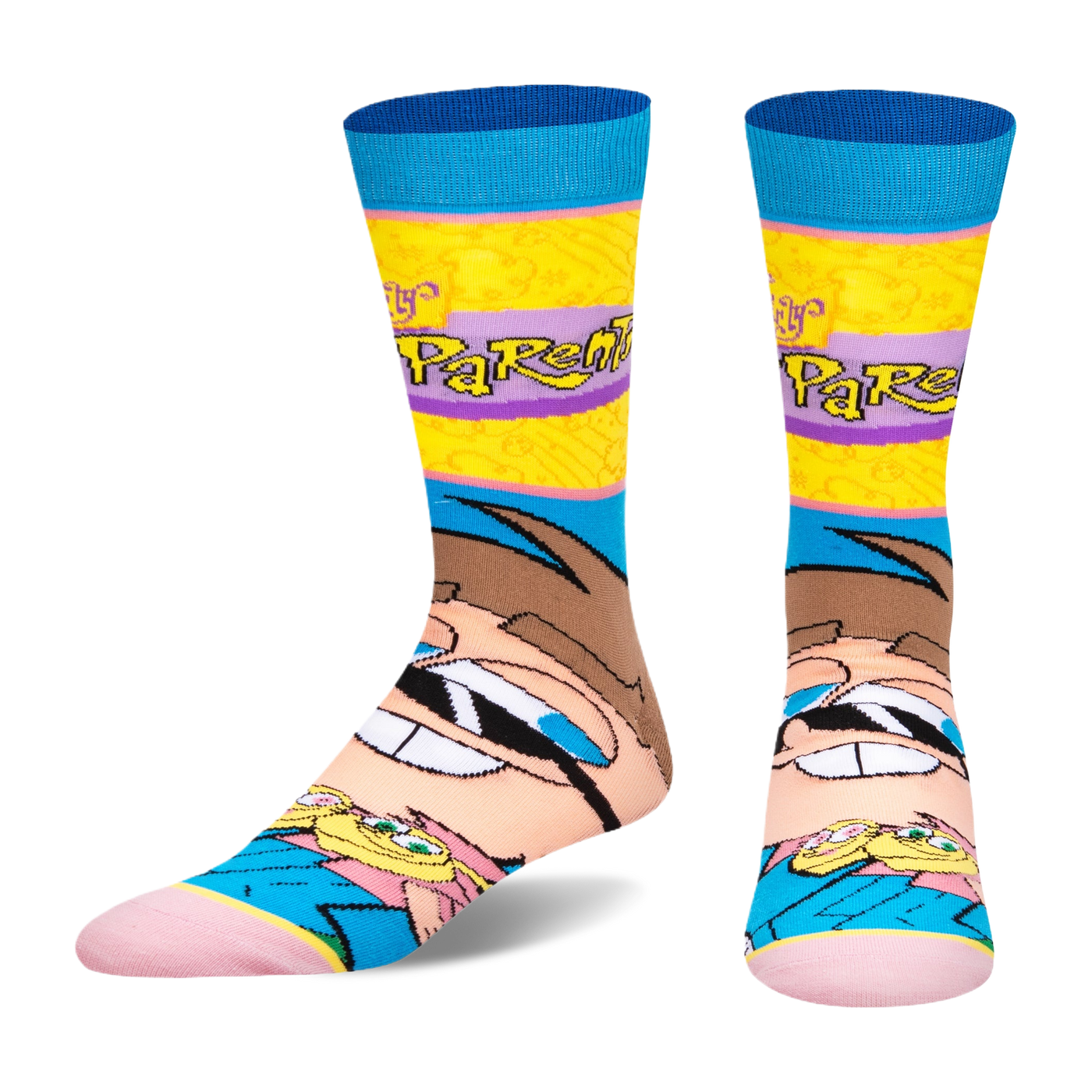 Front view of Fairly Odd Parents socks displaying Timmy Turner's large face and tiny figures of Cosmo and Wanda.