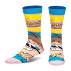Front view of Fairly Odd Parents socks displaying Timmy Turner's large face and tiny figures of Cosmo and Wanda.
