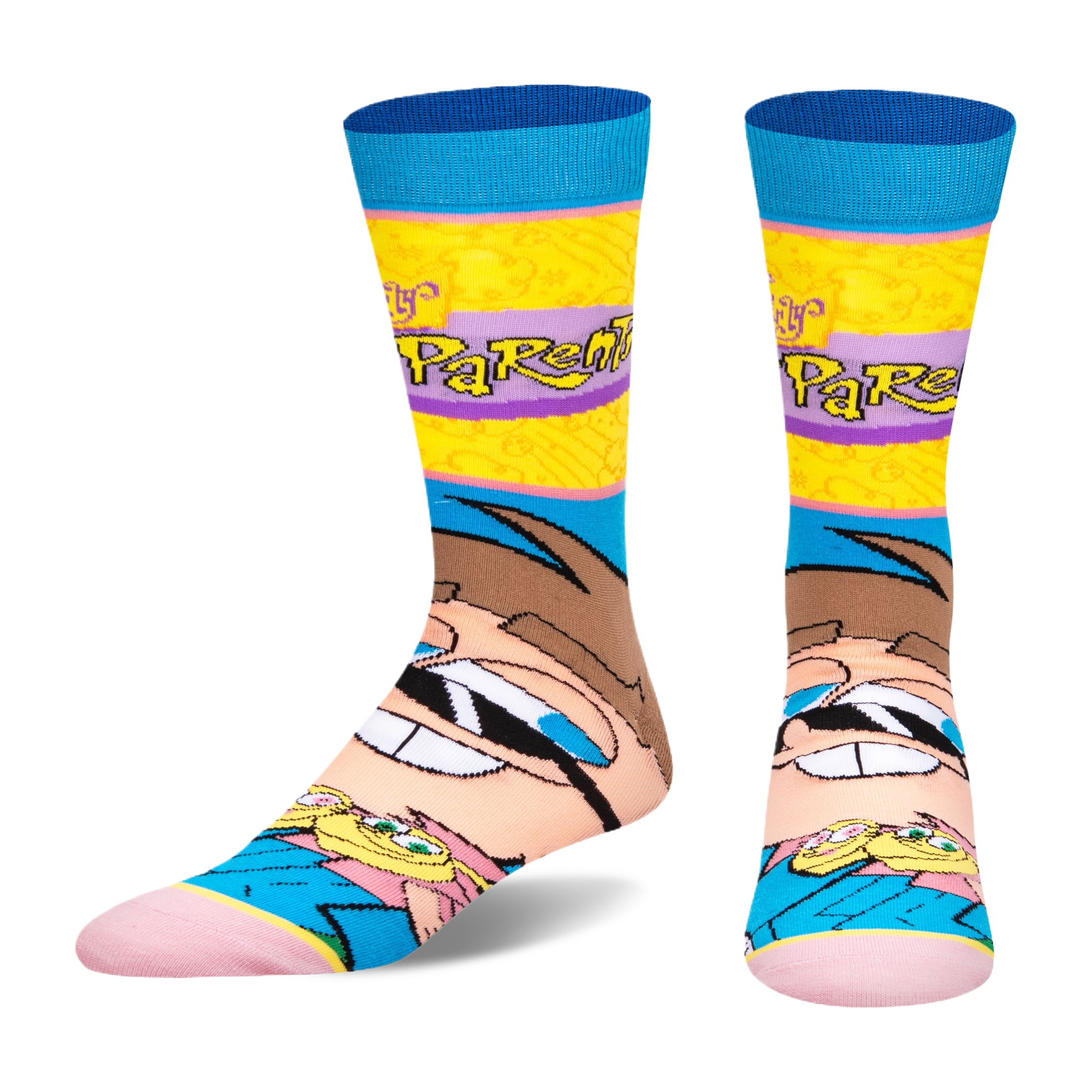 Front view of Fairly Odd Parents socks displaying Timmy Turner's large face and tiny figures of Cosmo and Wanda.