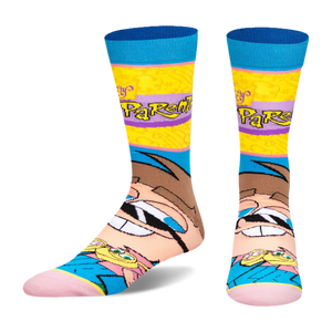 Front view of Fairly Odd Parents socks displaying Timmy Turner's large face and tiny figures of Cosmo and Wanda.