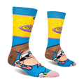 Side view of the socks showing the back of Timmy's brown hair and a purple oval with the word Odd on the yellow calf.