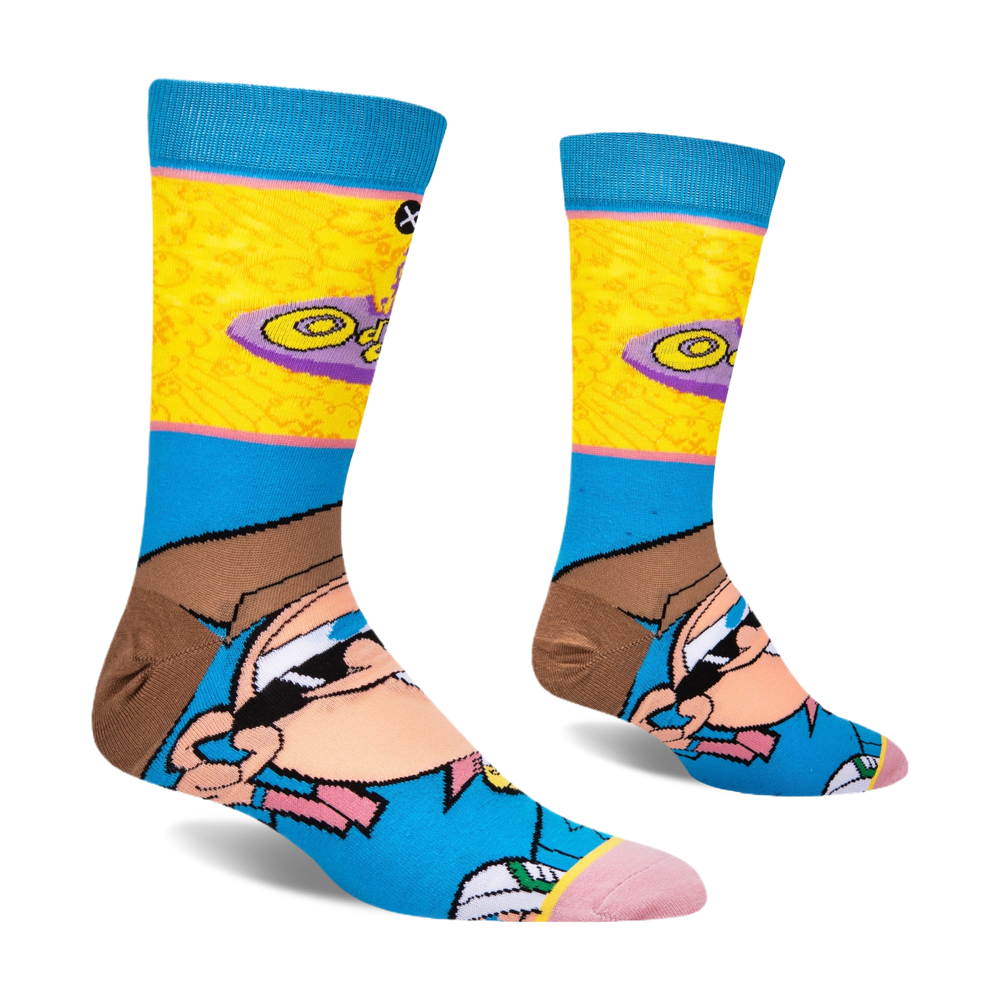 Side view of the socks showing the back of Timmy's brown hair and a purple oval with the word Odd on the yellow calf.