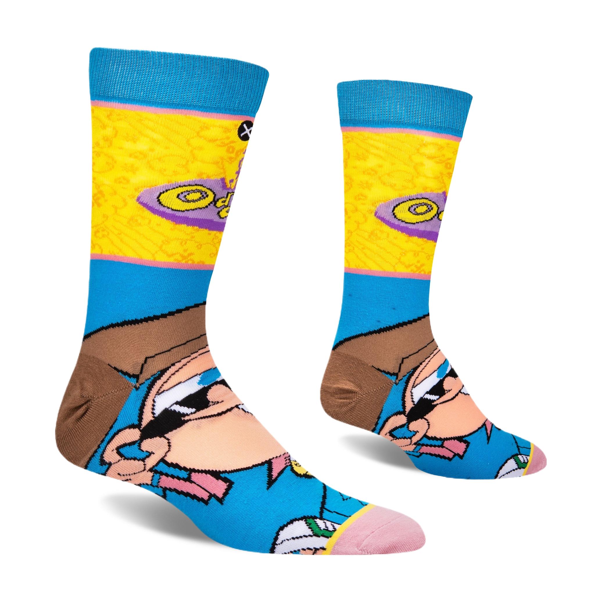 Side view of the socks showing the back of Timmy's brown hair and a purple oval with the word Odd on the yellow calf.