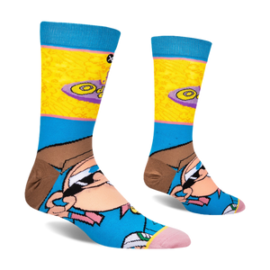 Side view of the socks showing the back of Timmy's brown hair and a purple oval with the word Odd on the yellow calf.