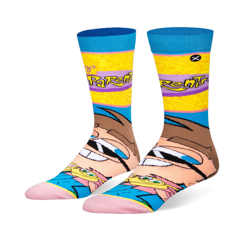 Fairly Odd Parents crew socks featuring a giant Timmy Turner face on the foot and a bright yellow leg with a purple logo.