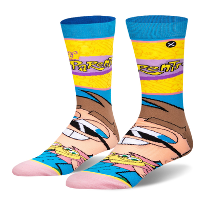 Fairly Odd Parents crew socks featuring a giant Timmy Turner face on the foot and a bright yellow leg with a purple logo.