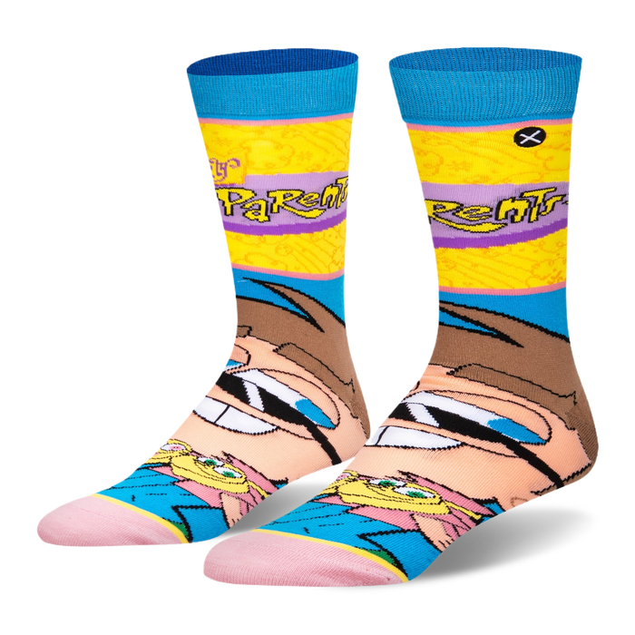 Fairly Odd Parents crew socks featuring a giant Timmy Turner face on the foot and a bright yellow leg with a purple logo.