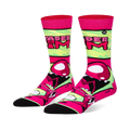 Neon green and hot pink crew socks featuring the Invader Zim logo on the calf and a large screaming Zim face on the foot.