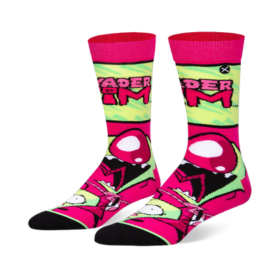 Neon green and hot pink crew socks featuring the Invader Zim logo on the calf and a large screaming Zim face on the foot.