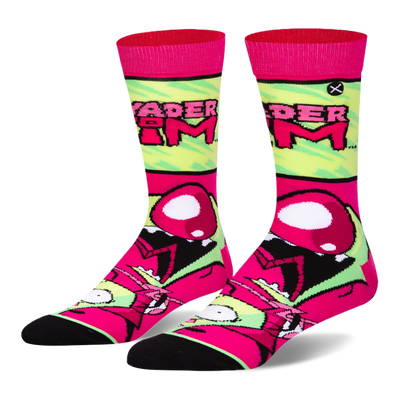 Neon green and hot pink crew socks featuring the Invader Zim logo on the calf and a large screaming Zim face on the foot.