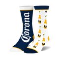 Crew socks in navy and white, featuring a Corona logo on one sock and a repeated pattern of Corona beer bottles with limes on the other.
