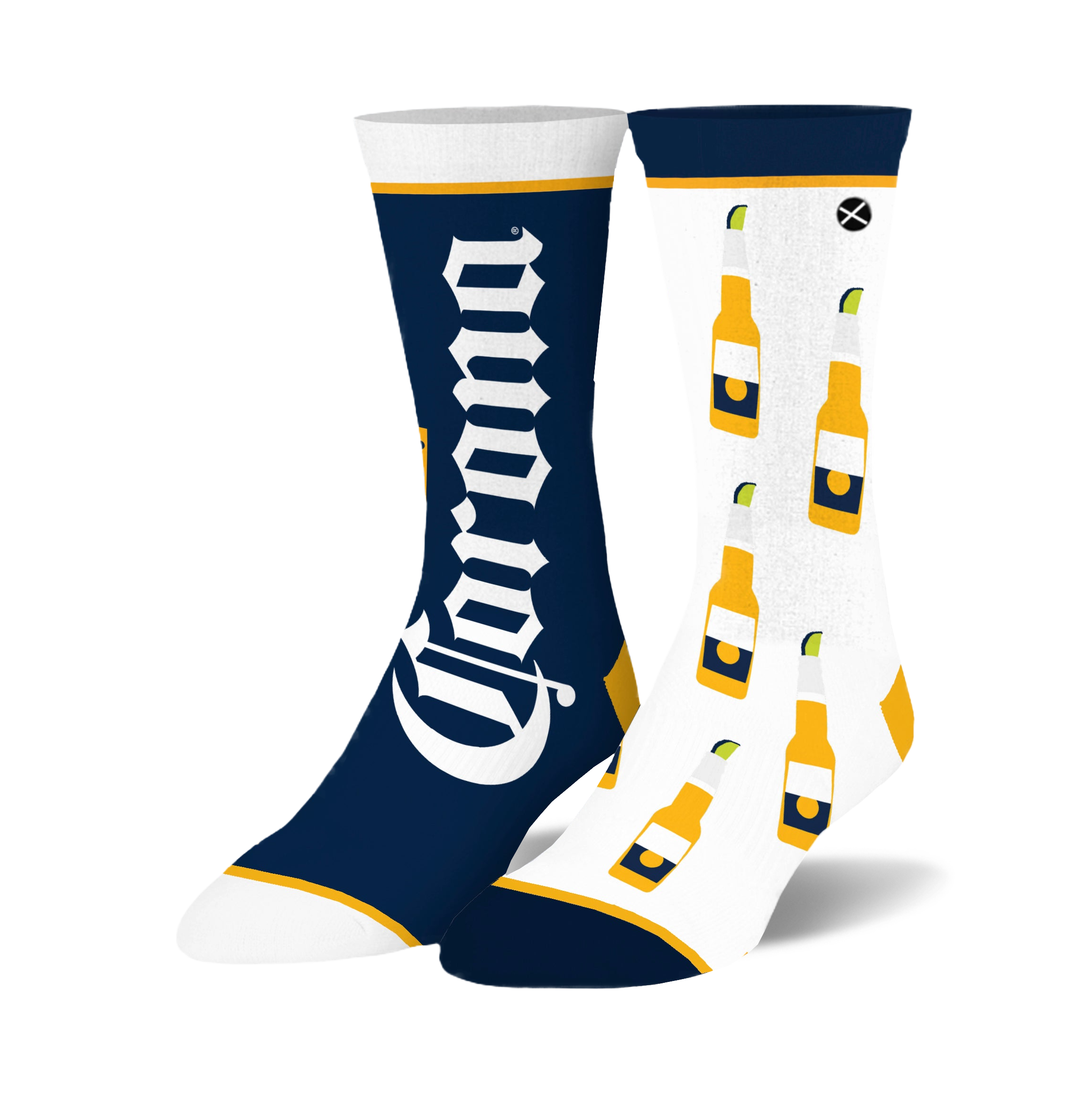 Crew socks in navy and white, featuring a Corona logo on one sock and a repeated pattern of Corona beer bottles with limes on the other.