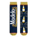 Close-up shot of Modelo Split socks, highlighting the detailed Modelo logo and bottle design.