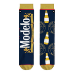 Close-up shot of Modelo Split socks, highlighting the detailed Modelo logo and bottle design.