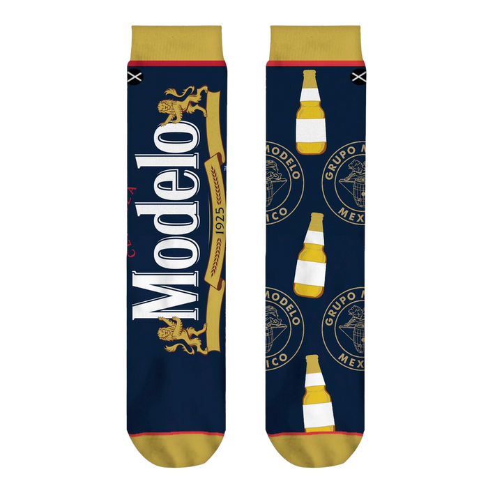 Close-up shot of Modelo Split socks, highlighting the detailed Modelo logo and bottle design.