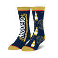 Pair of Modelo Split crew socks in navy blue and gold. Features Modelo logo and bottle graphic repeats.