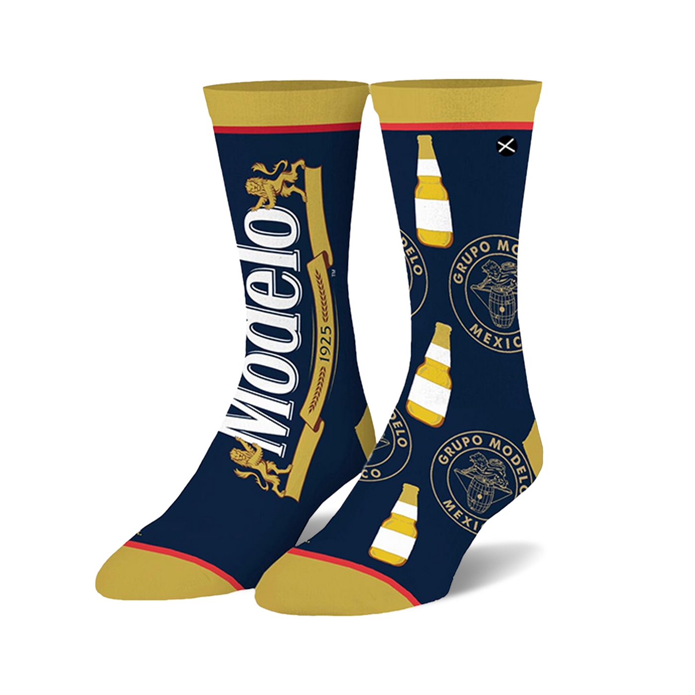 Pair of Modelo Split crew socks in navy blue and gold. Features Modelo logo and bottle graphic repeats.