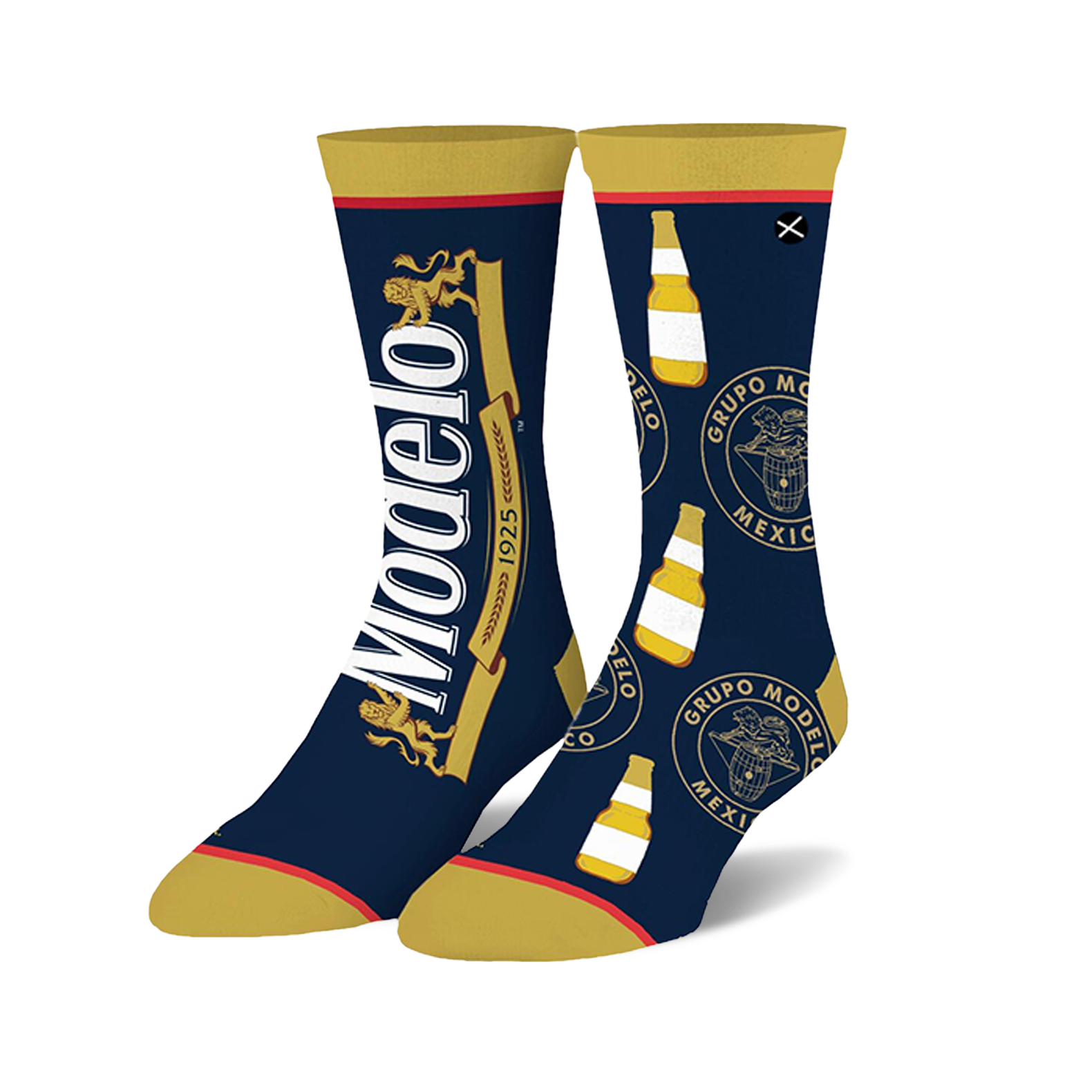 Pair of Modelo Split crew socks in navy blue and gold. Features Modelo logo and bottle graphic repeats.