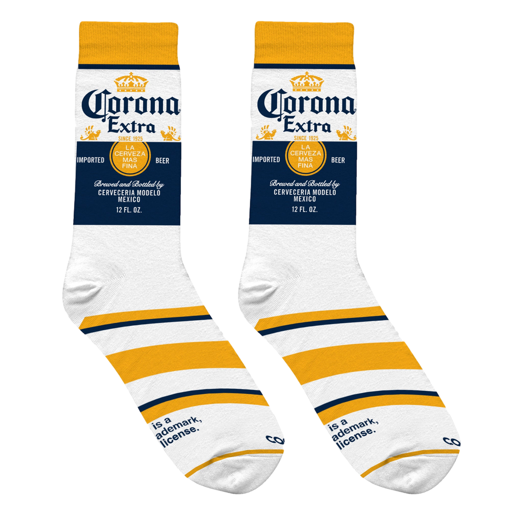 Close-up of Corona Extra socks showcasing the label detail and stripes.