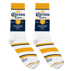 Close-up of Corona Extra socks showcasing the label detail and stripes.