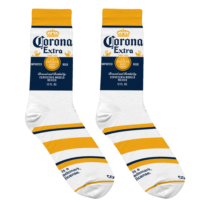 Close-up of Corona Extra socks showcasing the label detail and stripes.