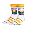 Pair of white crew socks with Corona Extra logo and yellow and navy blue stripes. 