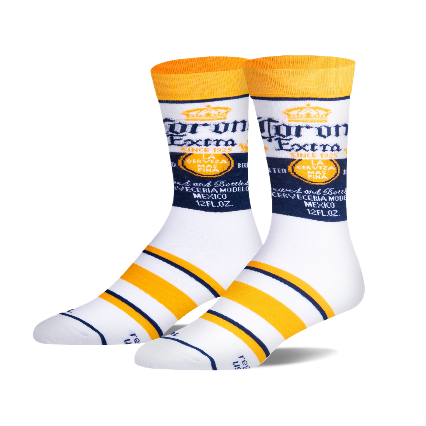 Pair of white crew socks with Corona Extra logo and yellow and navy blue stripes. 