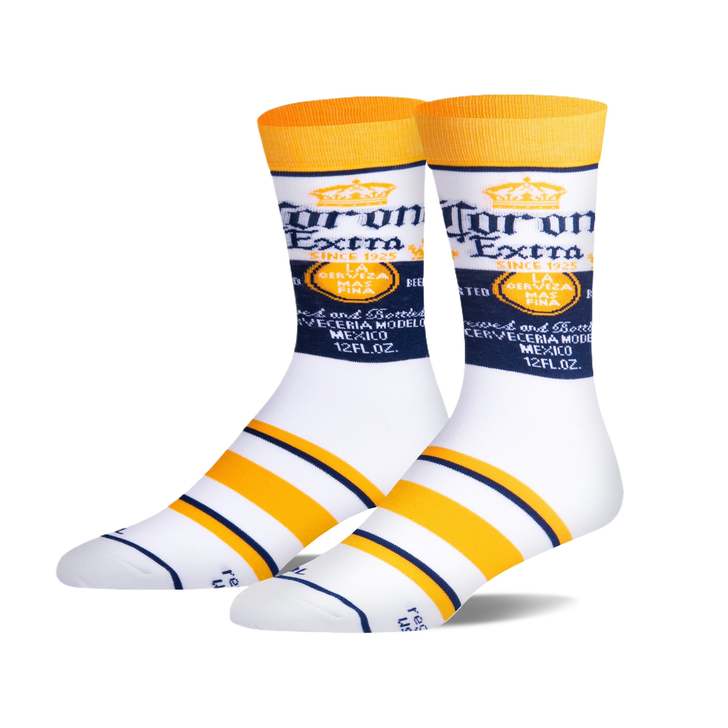 Pair of white crew socks with Corona Extra logo and yellow and navy blue stripes. 