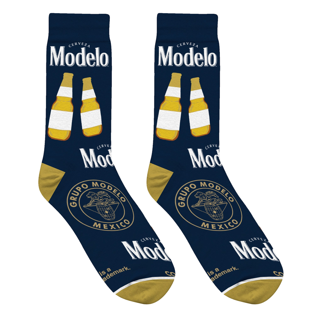 Lifestyle shot showing the Modelo socks on a person's feet, showcasing the full design.