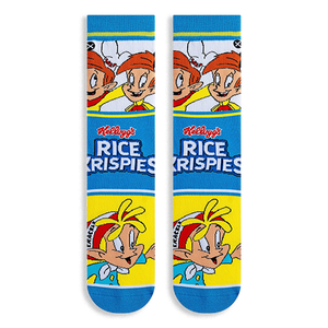 Pair of crew socks laid flat facing forward showing a white top with characters, blue middle with logo, and yellow foot.