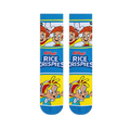 Pair of crew socks laid flat facing forward showing a white top with characters, blue middle with logo, and yellow foot.