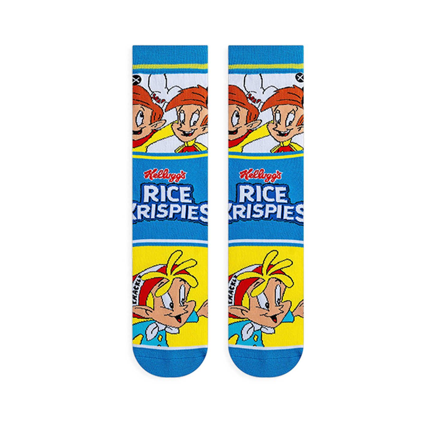 Pair of crew socks laid flat facing forward showing a white top with characters, blue middle with logo, and yellow foot.