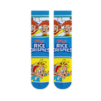 Pair of crew socks laid flat facing forward showing a white top with characters, blue middle with logo, and yellow foot.
