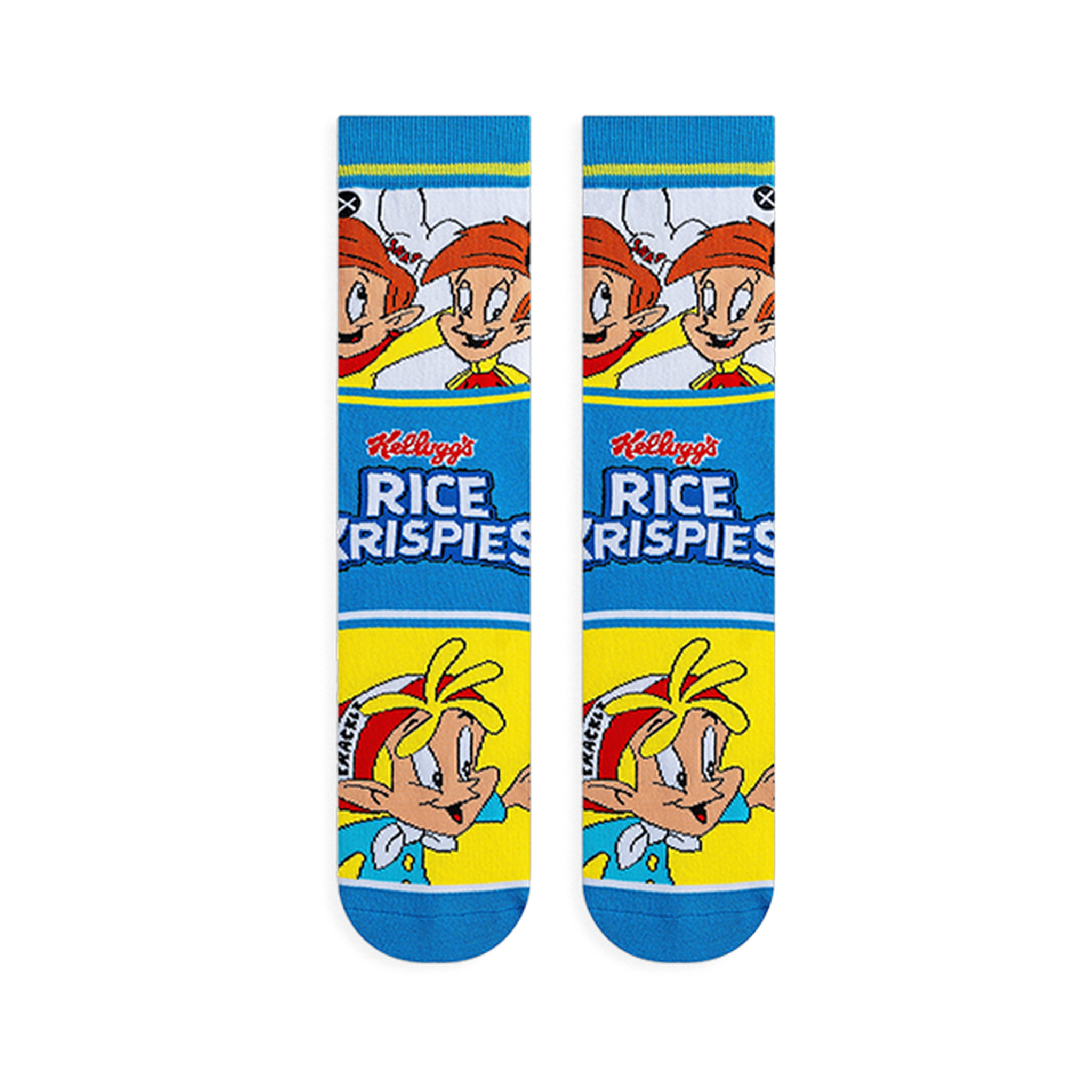 Pair of crew socks laid flat facing forward showing a white top with characters, blue middle with logo, and yellow foot.