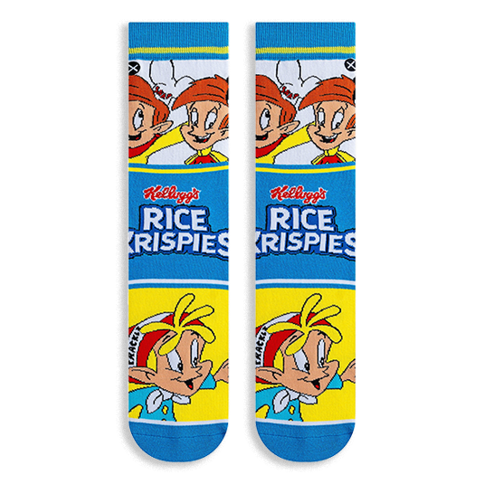 Pair of crew socks laid flat facing forward showing a white top with characters, blue middle with logo, and yellow foot.