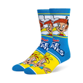 Blue, yellow and white crew socks featuring Rice Krispies characters Snap and Crackle with the classic cereal logo.