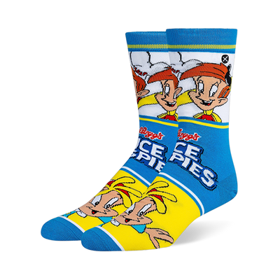 Blue, yellow and white crew socks featuring Rice Krispies characters Snap and Crackle with the classic cereal logo.