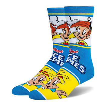Blue, yellow and white crew socks featuring Rice Krispies characters Snap and Crackle with the classic cereal logo.