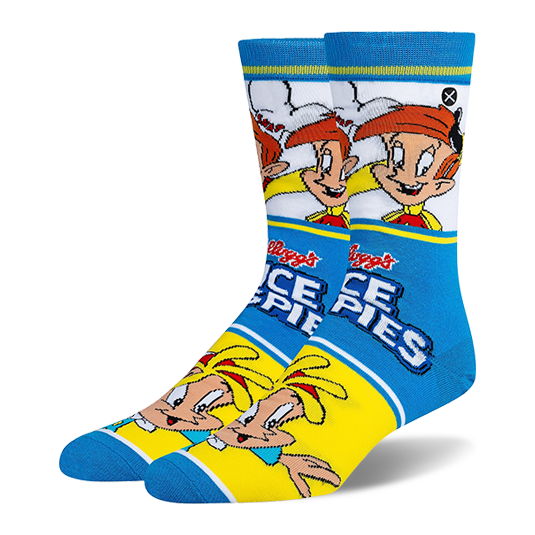 Blue, yellow and white crew socks featuring Rice Krispies characters Snap and Crackle with the classic cereal logo.