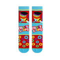 Front view of Froot Loops socks showing Toucan Sam, the logo, colorful rings, and blue toes on a red and blue background.