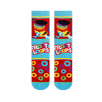 Front view of Froot Loops socks showing Toucan Sam, the logo, colorful rings, and blue toes on a red and blue background.