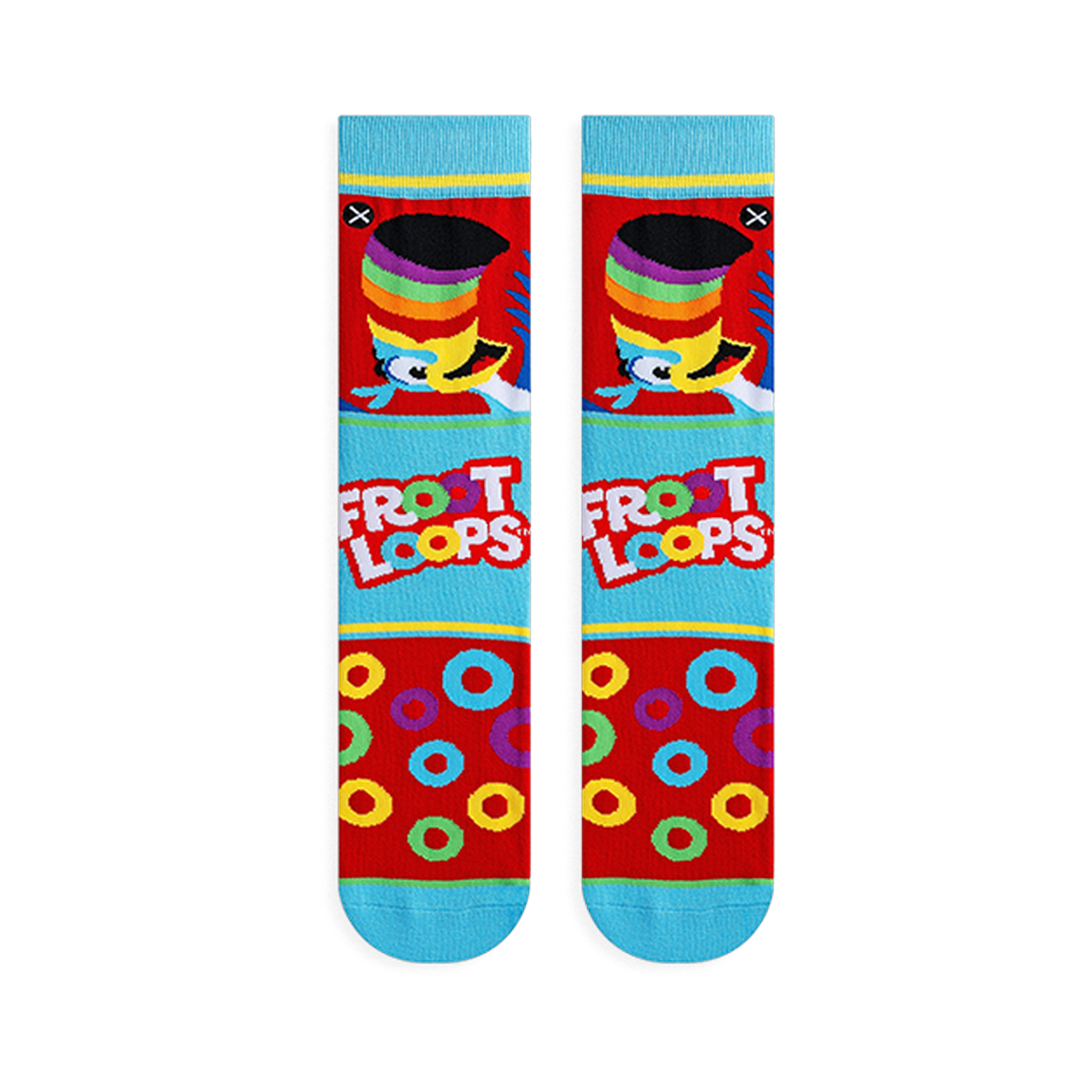Front view of Froot Loops socks showing Toucan Sam, the logo, colorful rings, and blue toes on a red and blue background.