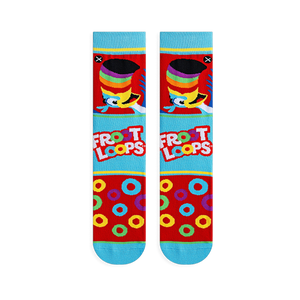 Front view of Froot Loops socks showing Toucan Sam, the logo, colorful rings, and blue toes on a red and blue background.